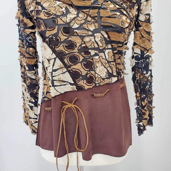 Punky Girl Brown Multi Print Distressed Beaded Top - Picture 3 of 15